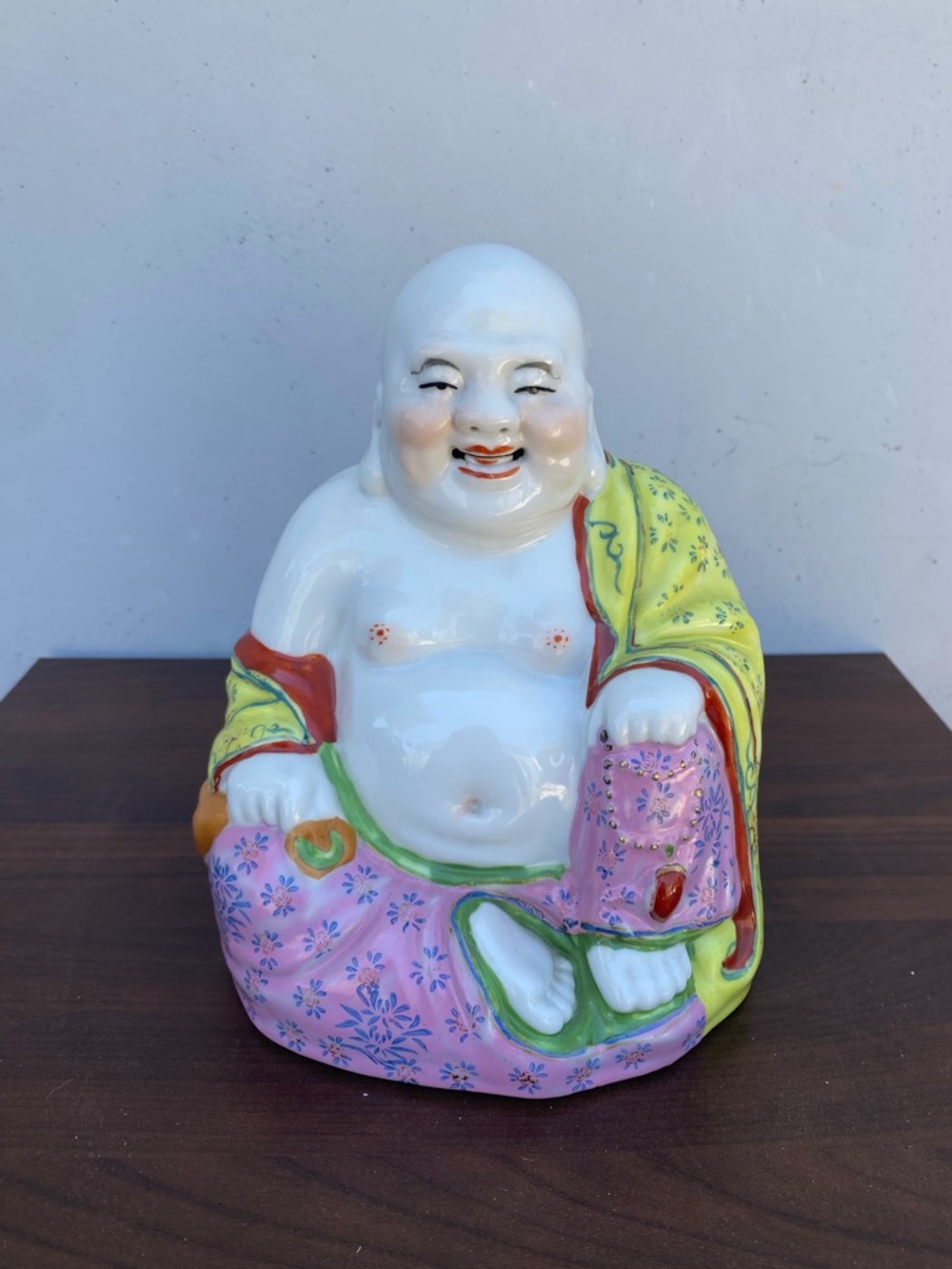 Vintage Chinese Famille Rose Porcelain Laughing Buddha Statue Figurine